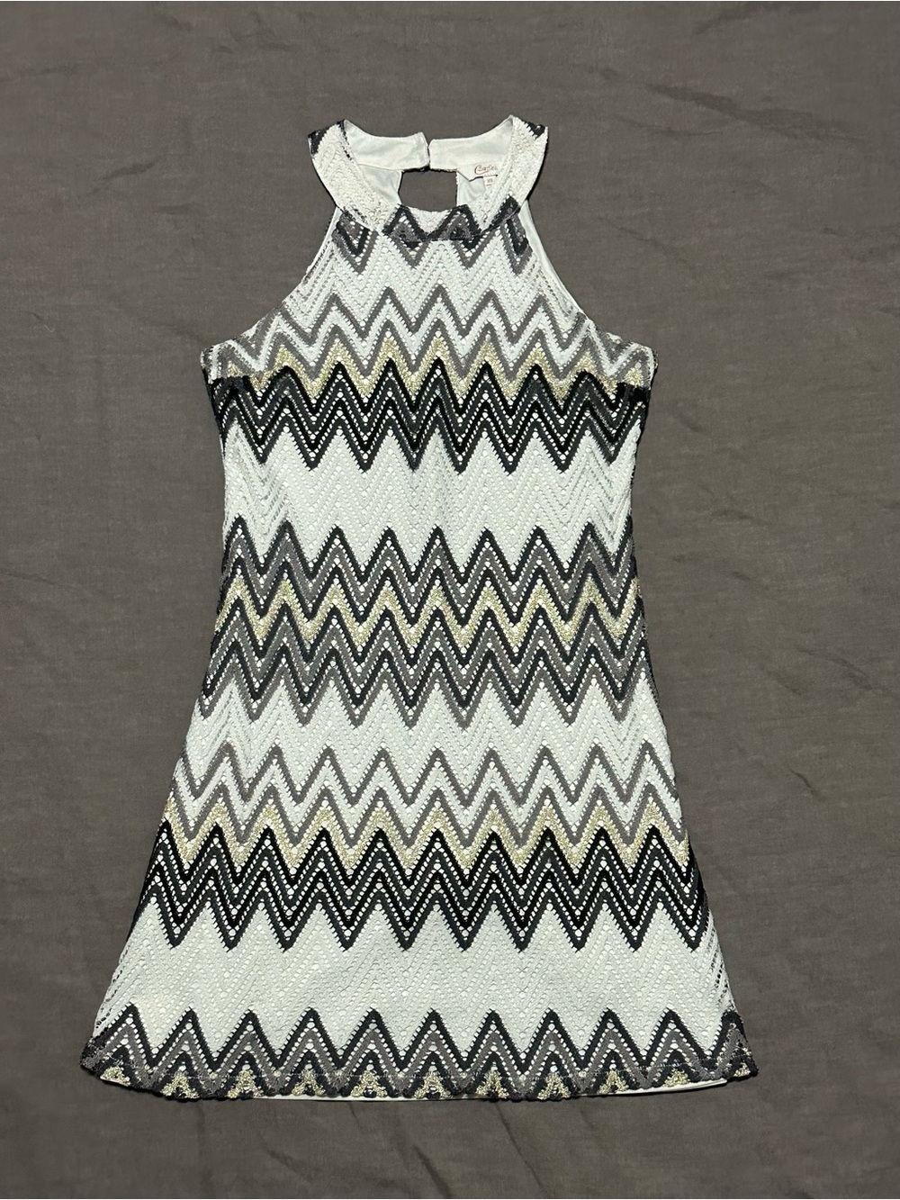 Candie's White, Black & Gold Chevron Halter Dress